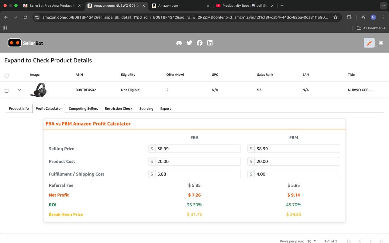 SellerBot FBA vs FBM profit calculator