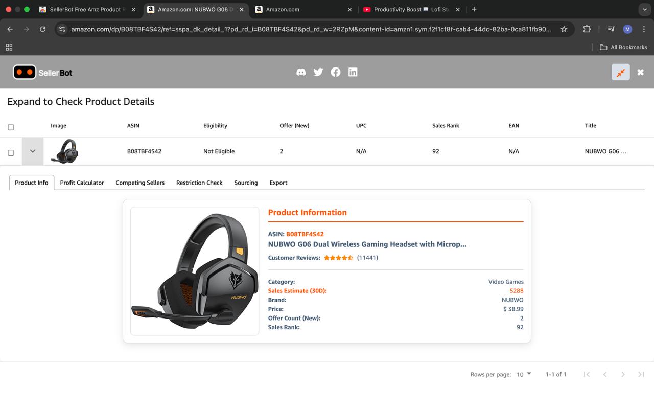 SellerBot dashboard showing detailed product information