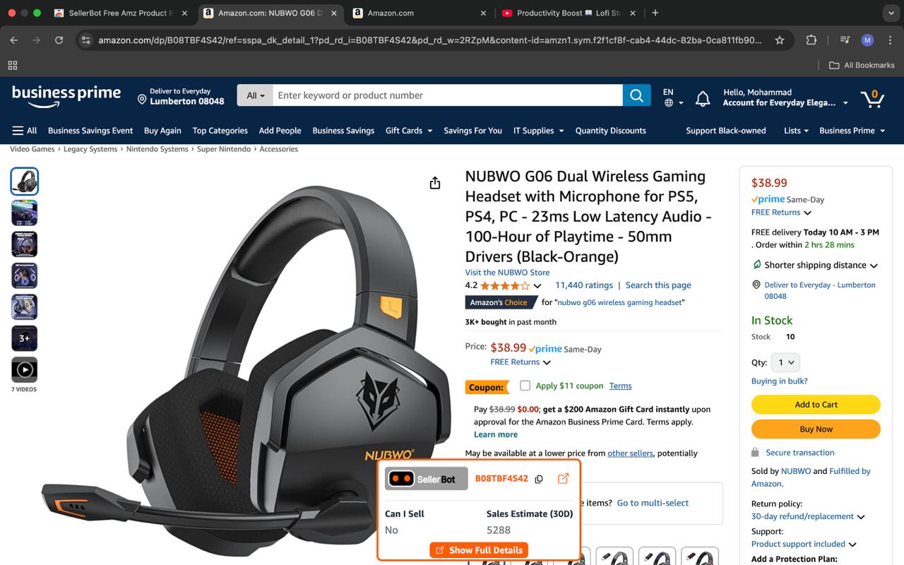 SellerBot widget showing sales estimate on an Amazon product page